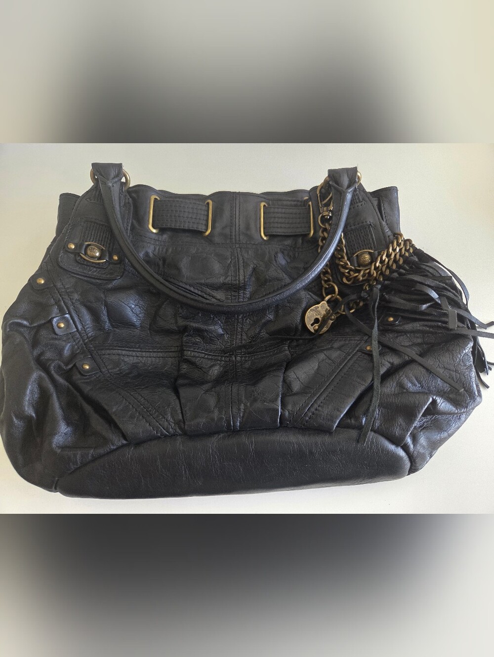 Juicy Couture Vintage Black Leather Fringe Tote Bag with Chain Accent New Cond